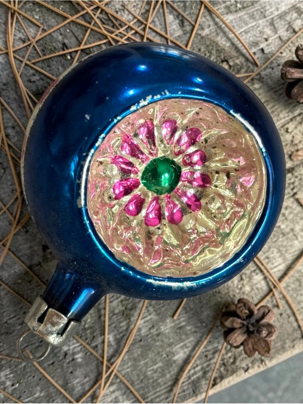 Vintage-Style Blue Glass Holiday Ornament with Pink & Green Accent